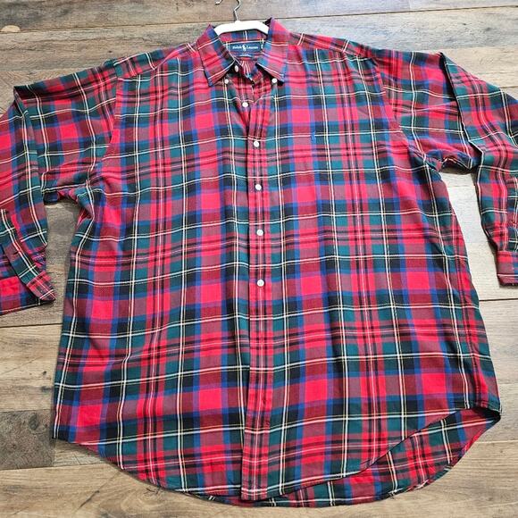 Ralph Lauren Blue Label Shirt Mens Red Plaid Blake 100% Cotton Button Down Large - Picture 2 of 12